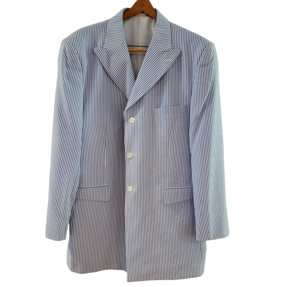 Men's Light Blue & White Striped Seersucker Sport Coat - Tall